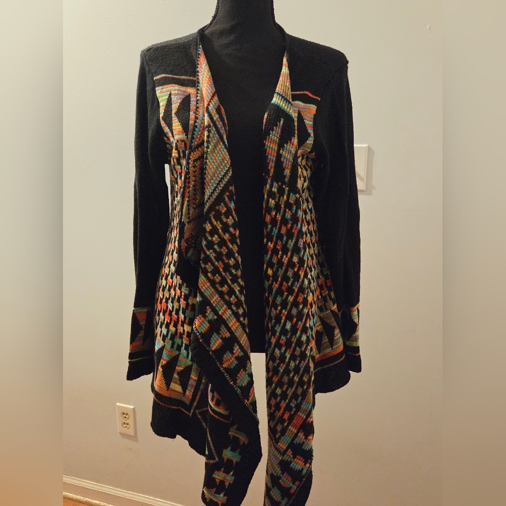 New Directions Black and Multicolor Geometric Cardigan